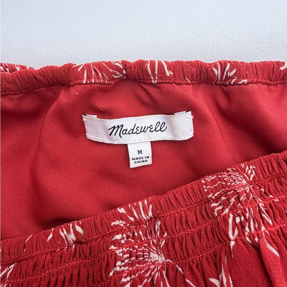 Madewell 100% Silk Red Palm Print Off Shoulder Dress Medium - Picture 3 of 10